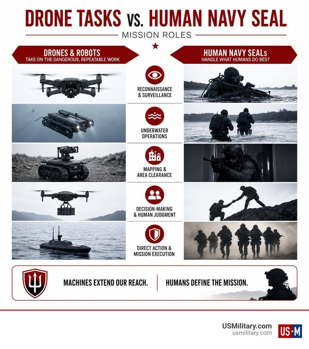 Infographic comparing drone tasks with human Navy SEAL mission tasks infographic Infographic comparing drone tasks with human Navy SEAL mission tasks infographic