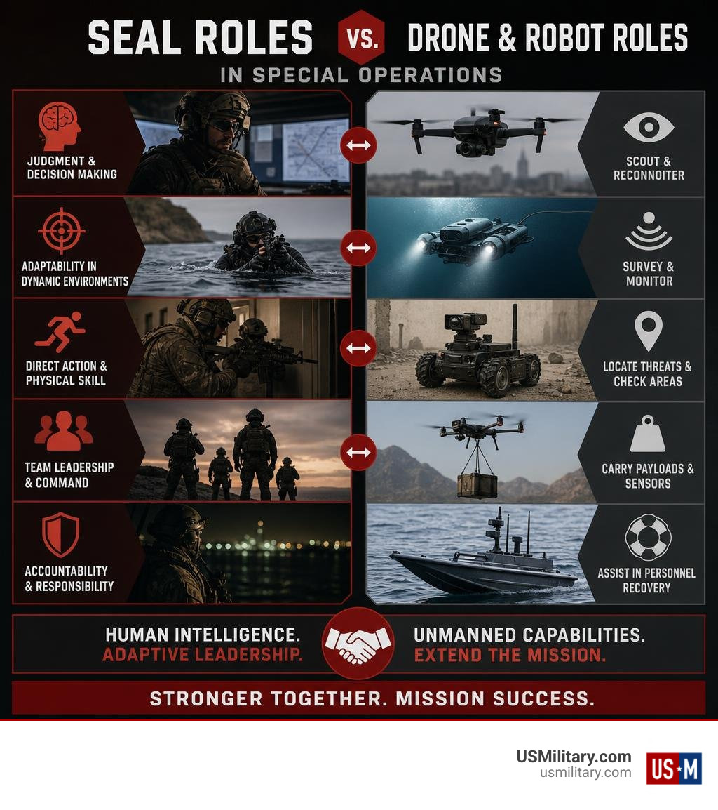 SEAL roles versus drone and robot roles in special operations infographic SEAL roles versus drone and robot roles in special operations infographic