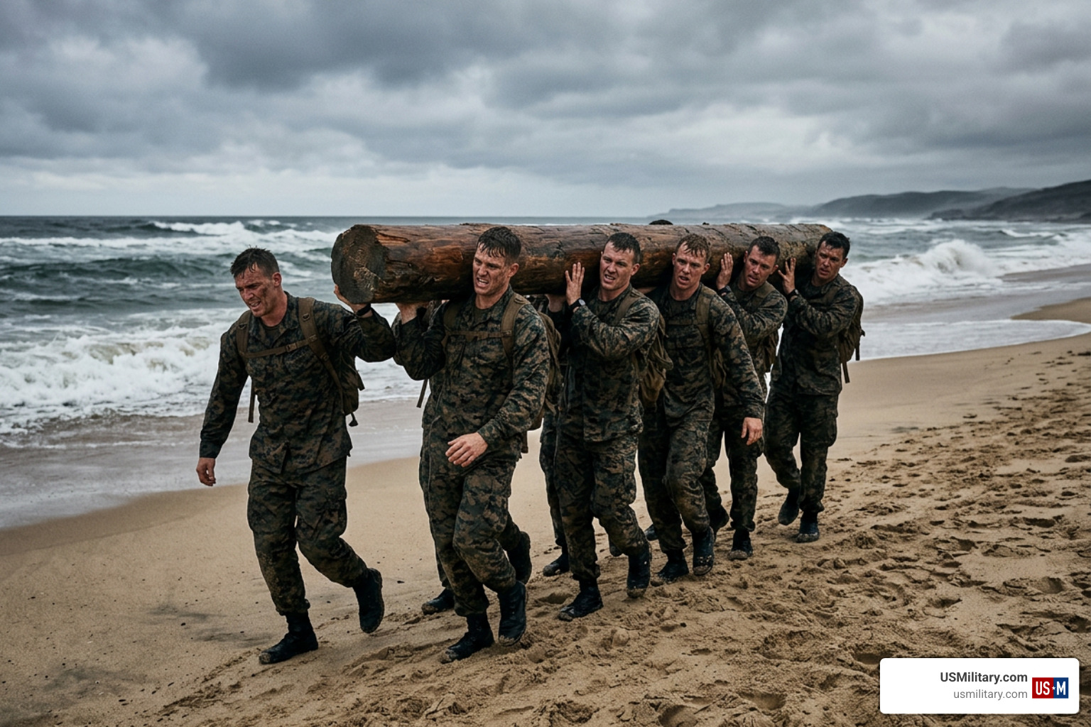 Candidates carrying logs on the beach Candidates carrying logs on the beach