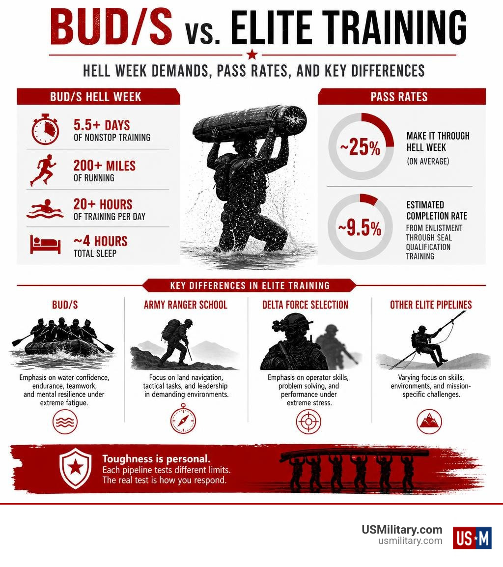 BUD/S versus elite training: Hell Week demands, pass rates, and key differences infographic BUD/S versus elite training: Hell Week demands, pass rates, and key differences infographic