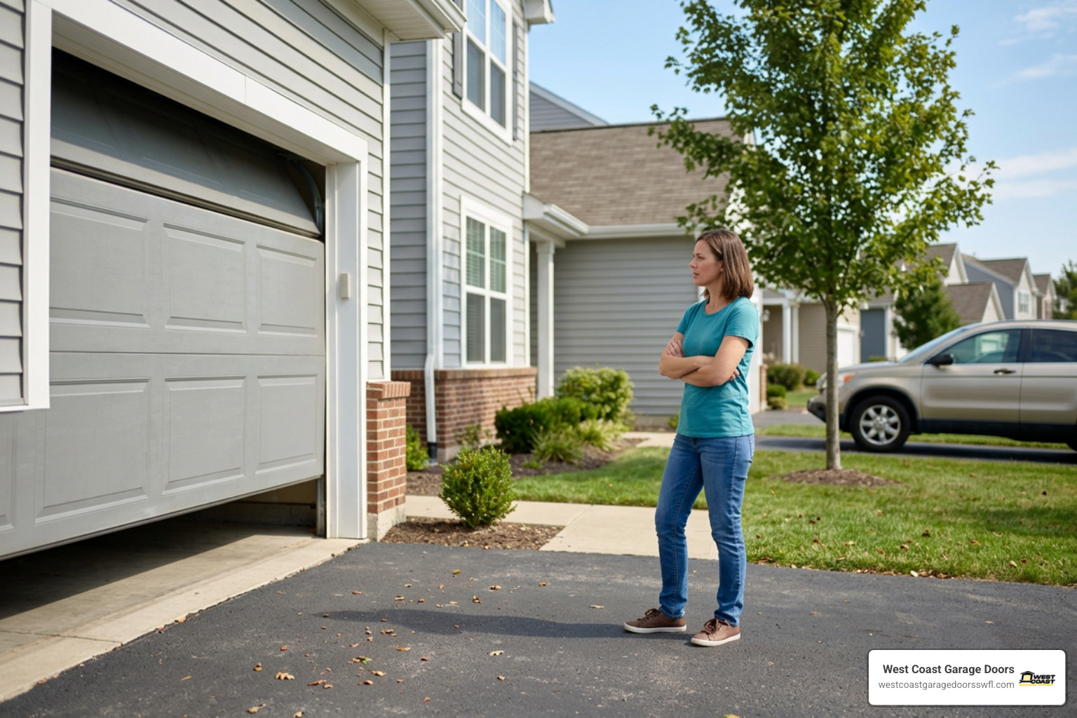 A homeowner safely maintaining clearance from a malfunctioning garage door