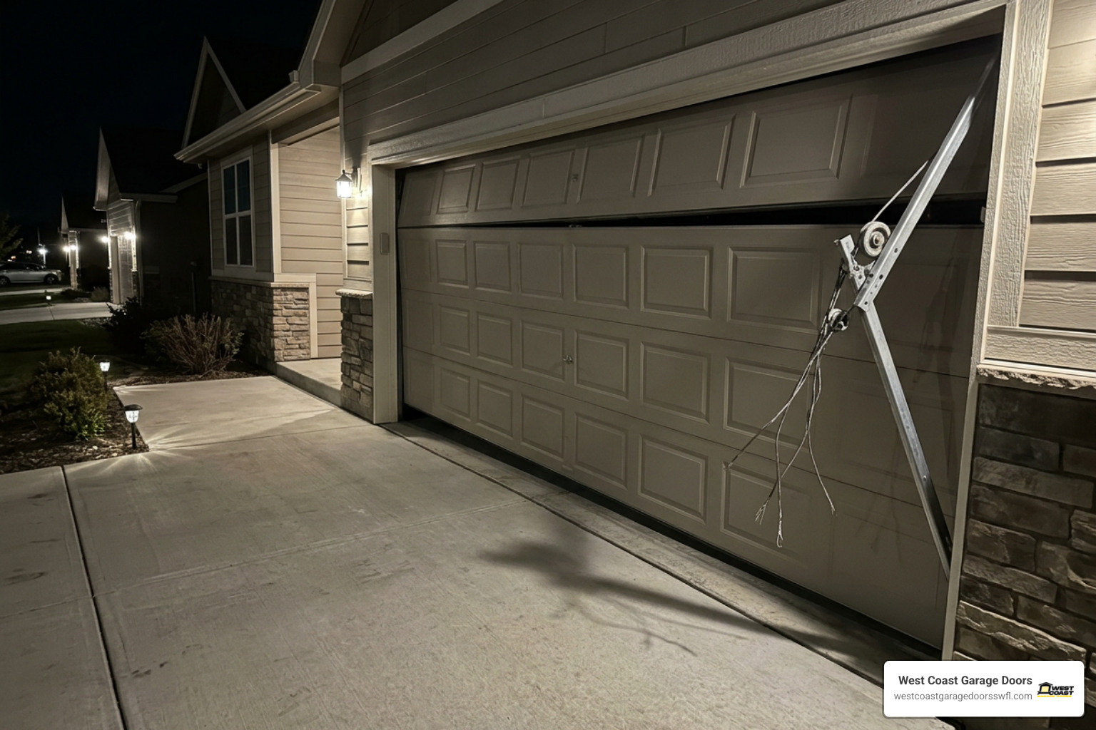 A crooked garage door stuck off its track