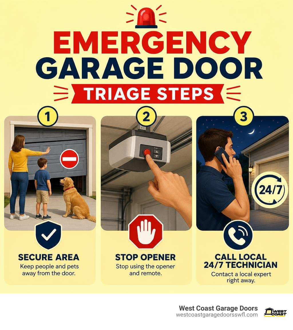 Emergency garage door triage steps: secure area, stop opener, call local 24/7 technician infographic
