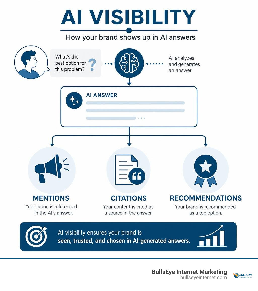 Infographic showing AI visibility through mentions citations and recommendations in AI answers infographic Infographic showing AI visibility through mentions citations and recommendations in AI answers infographic