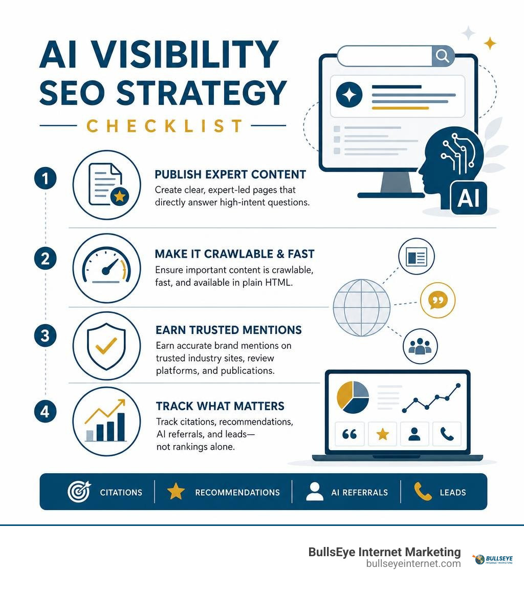 AI visibility SEO strategy checklist infographic AI visibility SEO strategy checklist infographic