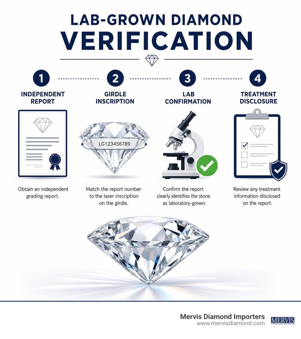 Lab-grown diamond verification: report, girdle inscription, lab confirmation, treatment disclosure infographic Lab-grown diamond verification: report, girdle inscription, lab confirmation, treatment disclosure infographic