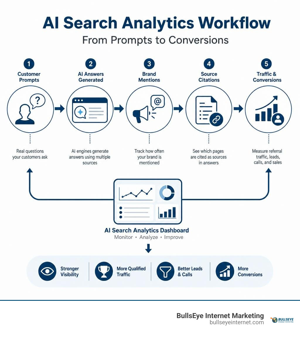 AI search analytics workflow from customer prompts to mentions citations traffic and conversions infographic AI search analytics workflow from customer prompts to mentions citations traffic and conversions infographic
