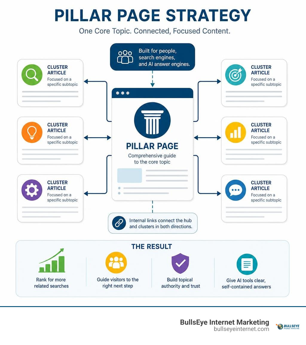 Pillar page hub linked to focused topic cluster articles infographic Pillar page hub linked to focused topic cluster articles infographic