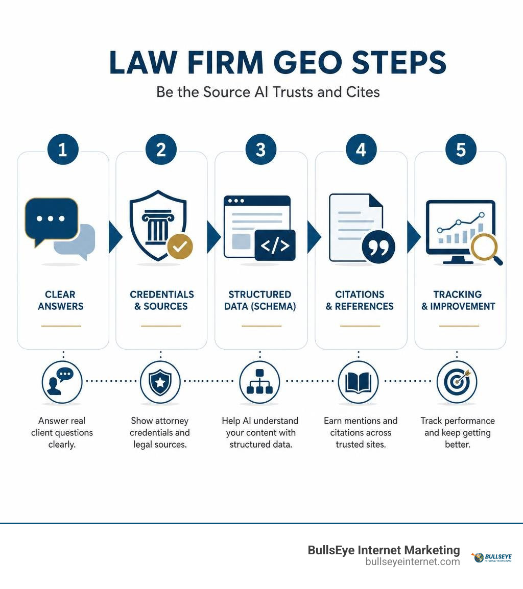 Infographic showing law firm GEO steps: clear answers, credentials, schema, citations, tracking infographic