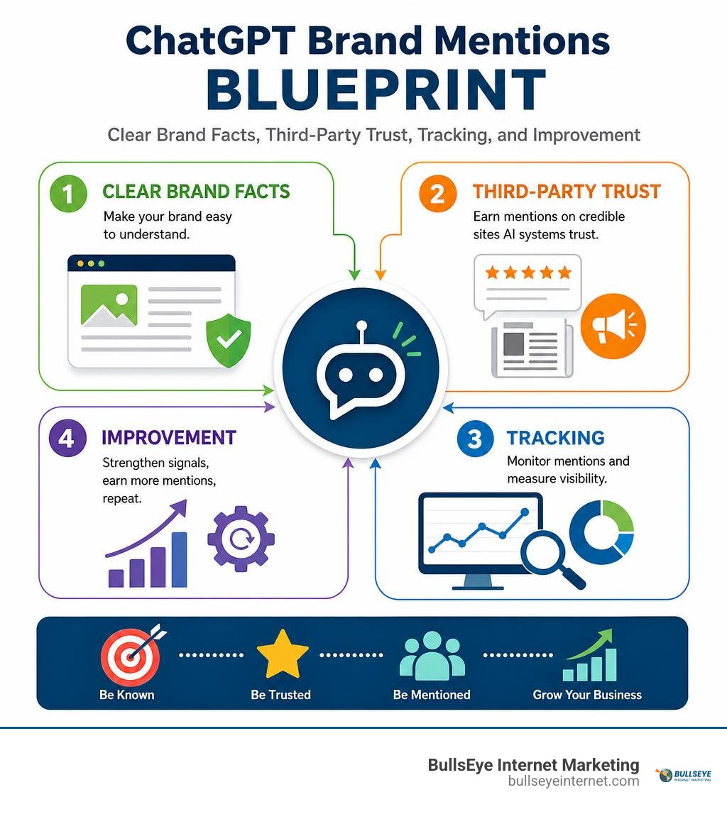 ChatGPT brand mentions blueprint: clear brand facts, third-party trust, tracking, and improvement infographic