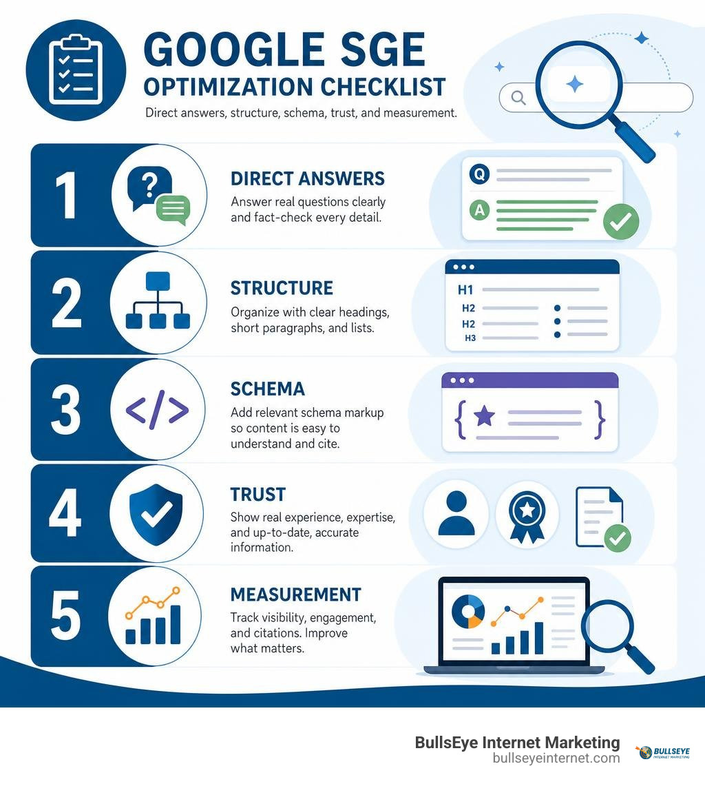 Google SGE optimization checklist: direct answers, structure, schema, trust, and measurement infographic