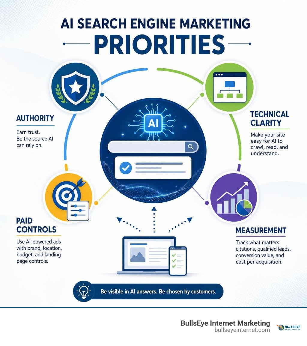 AI Search Engine Marketing priorities: authority, technical clarity, paid controls, and measurement infographic