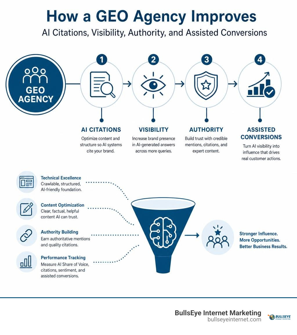 How a GEO agency improves AI citations, visibility, authority, and assisted conversions infographic How a GEO agency improves AI citations, visibility, authority, and assisted conversions infographic