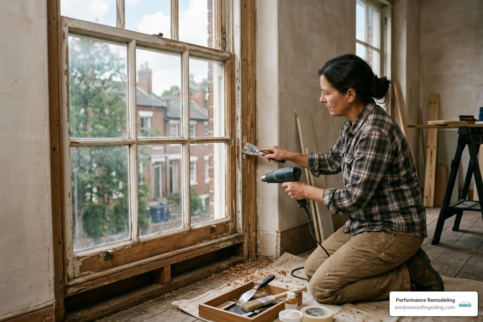 Historic wood sash window being restored Historic wood sash window being restored