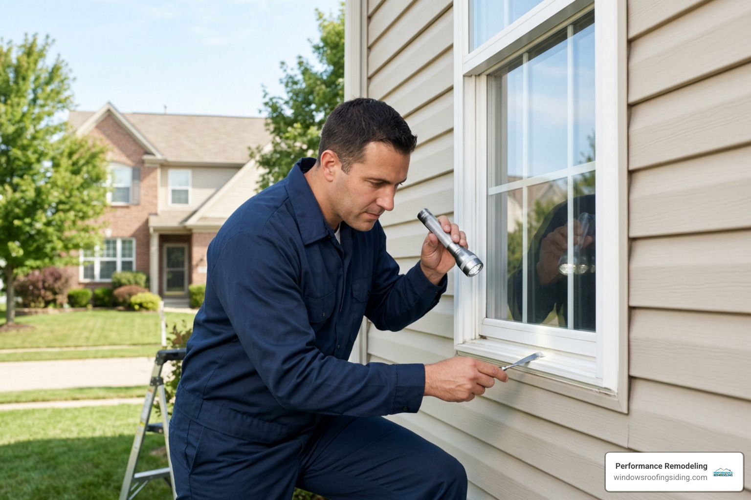 Technician inspecting residential window frame Technician inspecting residential window frame