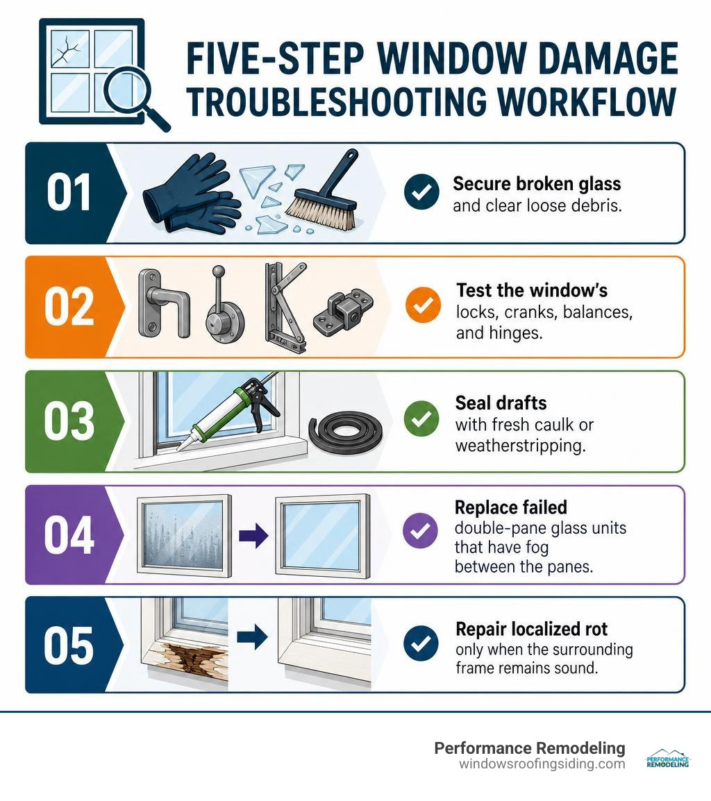Five-step window damage troubleshooting workflow infographic Five-step window damage troubleshooting workflow infographic