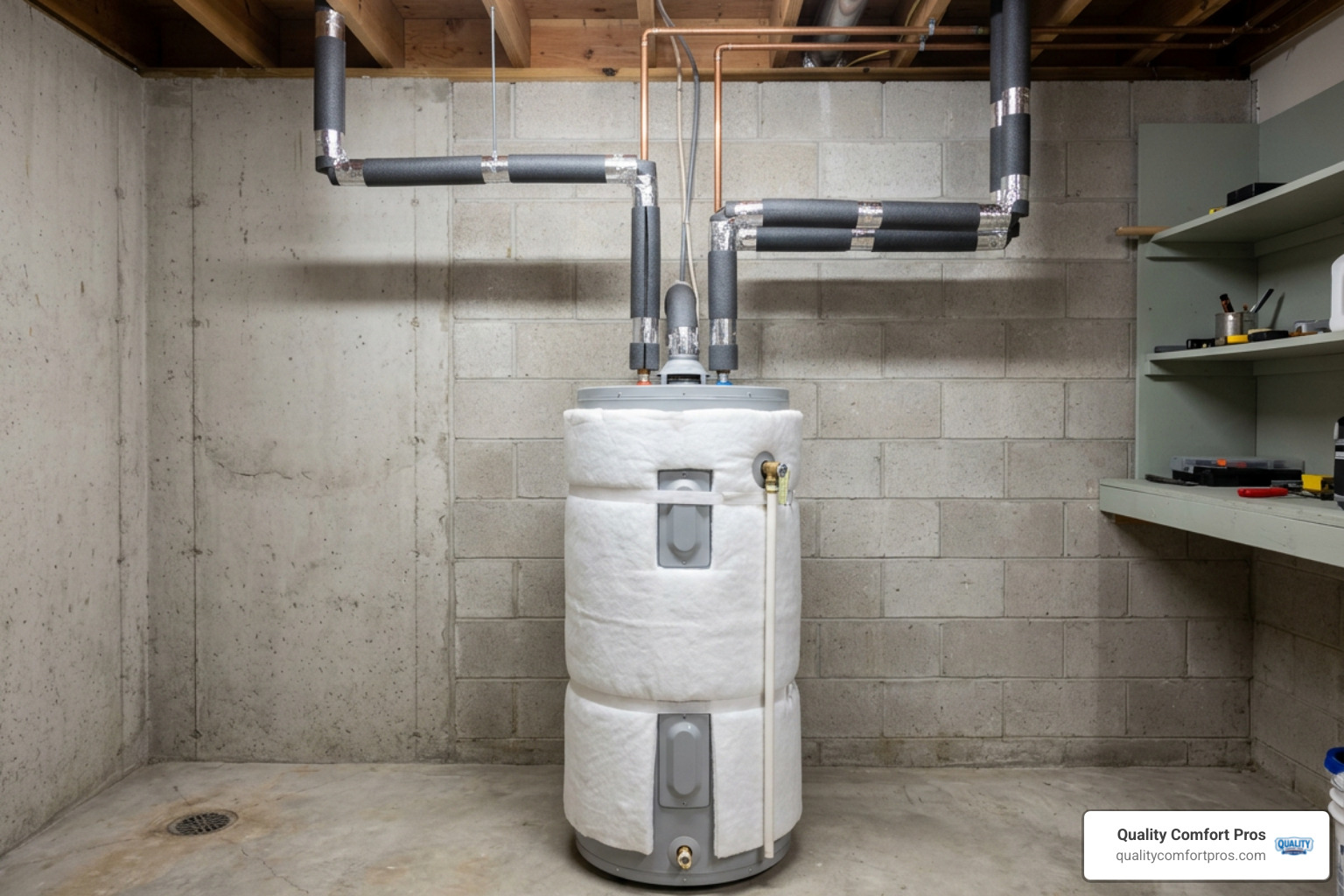 properly insulated water heater tank and hot water pipes with pre-slit foam sleeves properly insulated water heater tank and hot water pipes with pre-slit foam sleeves