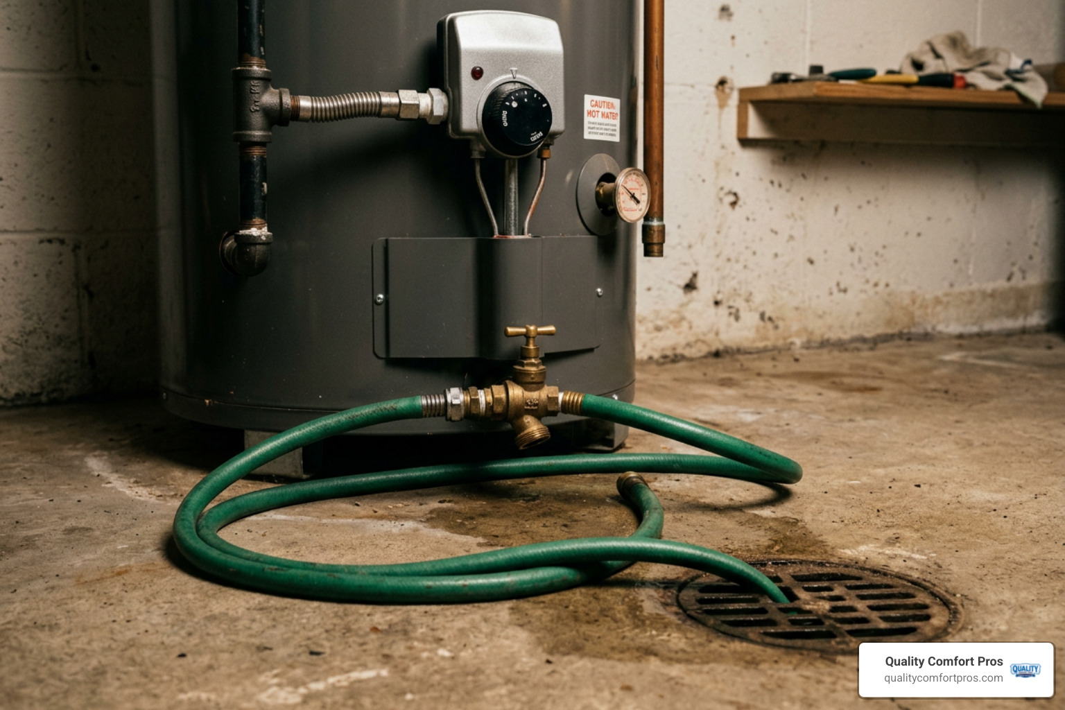 garden hose securely connected to the bottom drain valve of a water heater garden hose securely connected to the bottom drain valve of a water heater