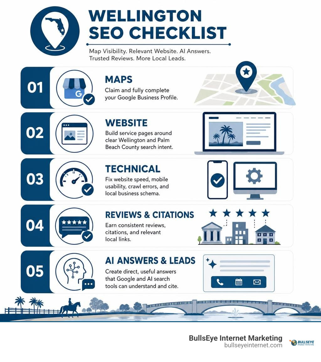 Wellington SEO checklist for maps, website, AI answers, reviews, and leads infographic Wellington SEO checklist for maps, website, AI answers, reviews, and leads infographic