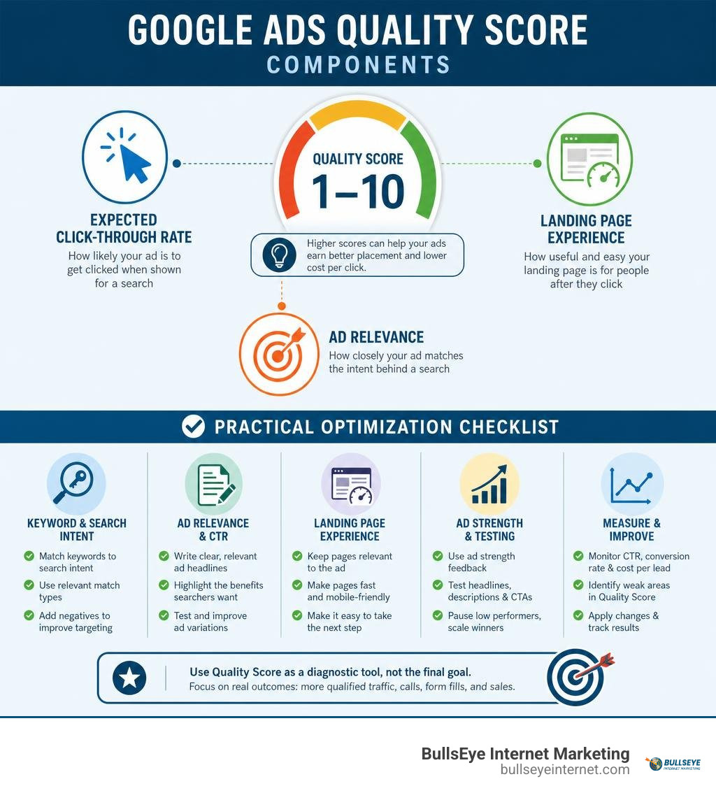 Google Ads Quality Score components and practical optimization checklist infographic