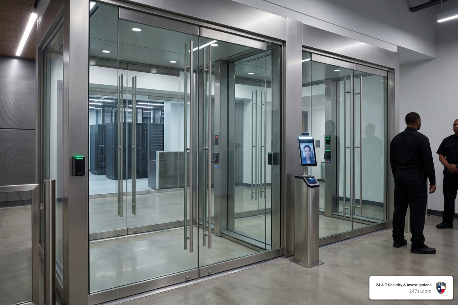 Biometric access control and anti-tailgating mantrap portals at a data center entrance