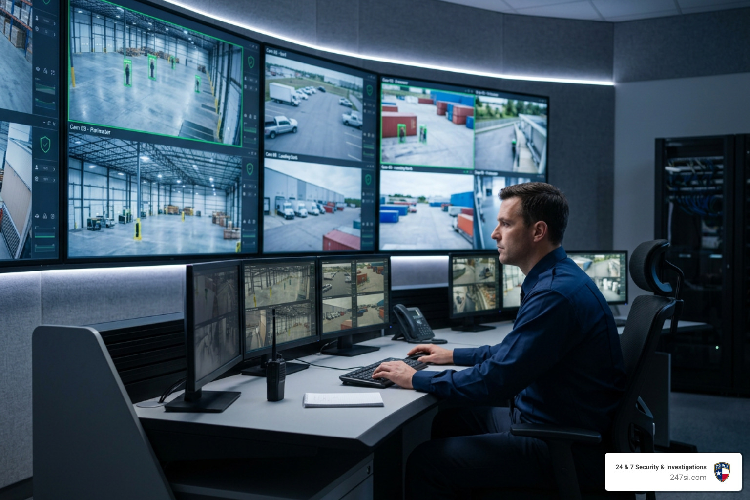 Security monitoring room with AI surveillance camera feeds
