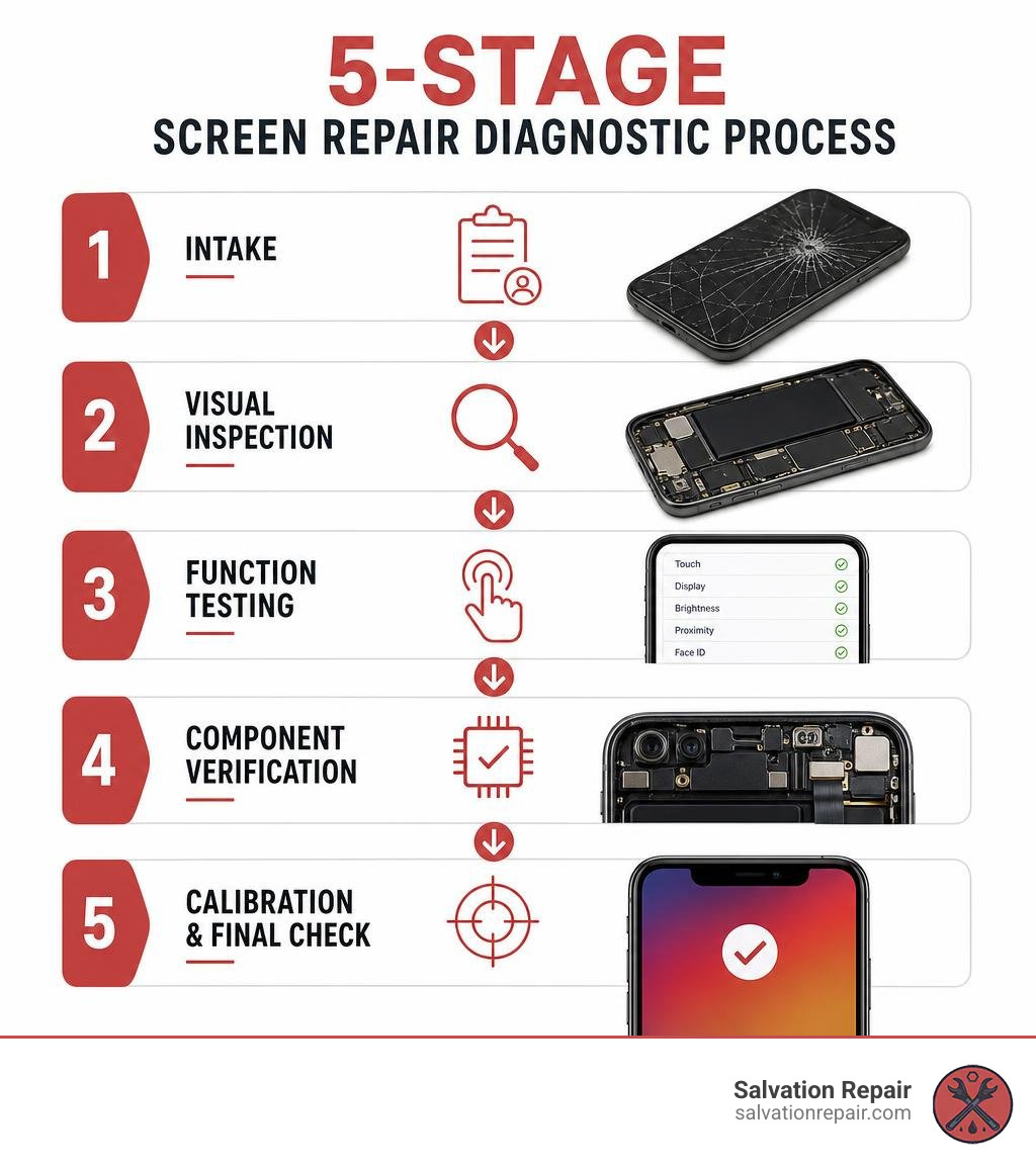 5-stage screen repair diagnostic process from intake to calibration infographic