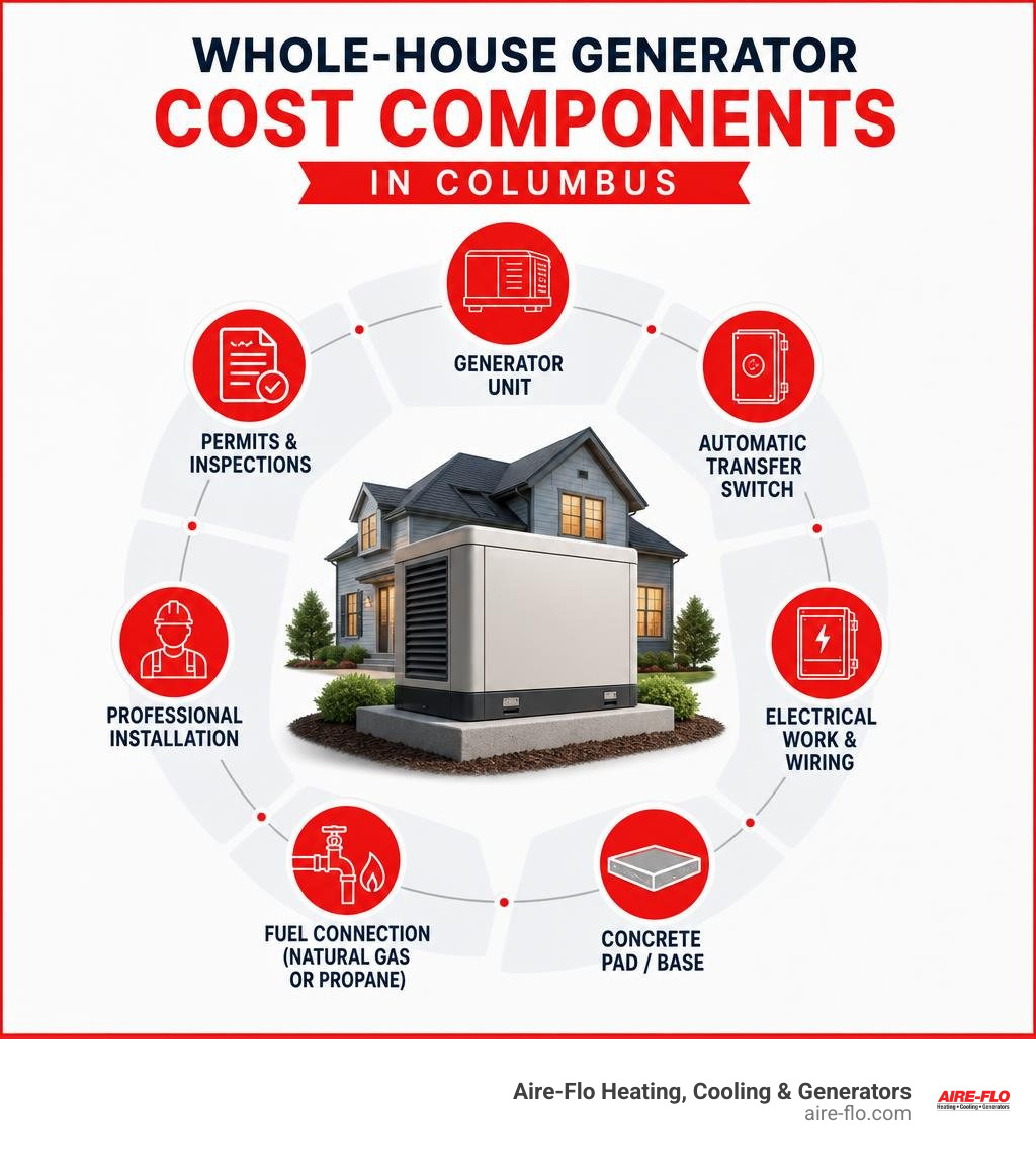 Whole-house generator cost components in Columbus infographic