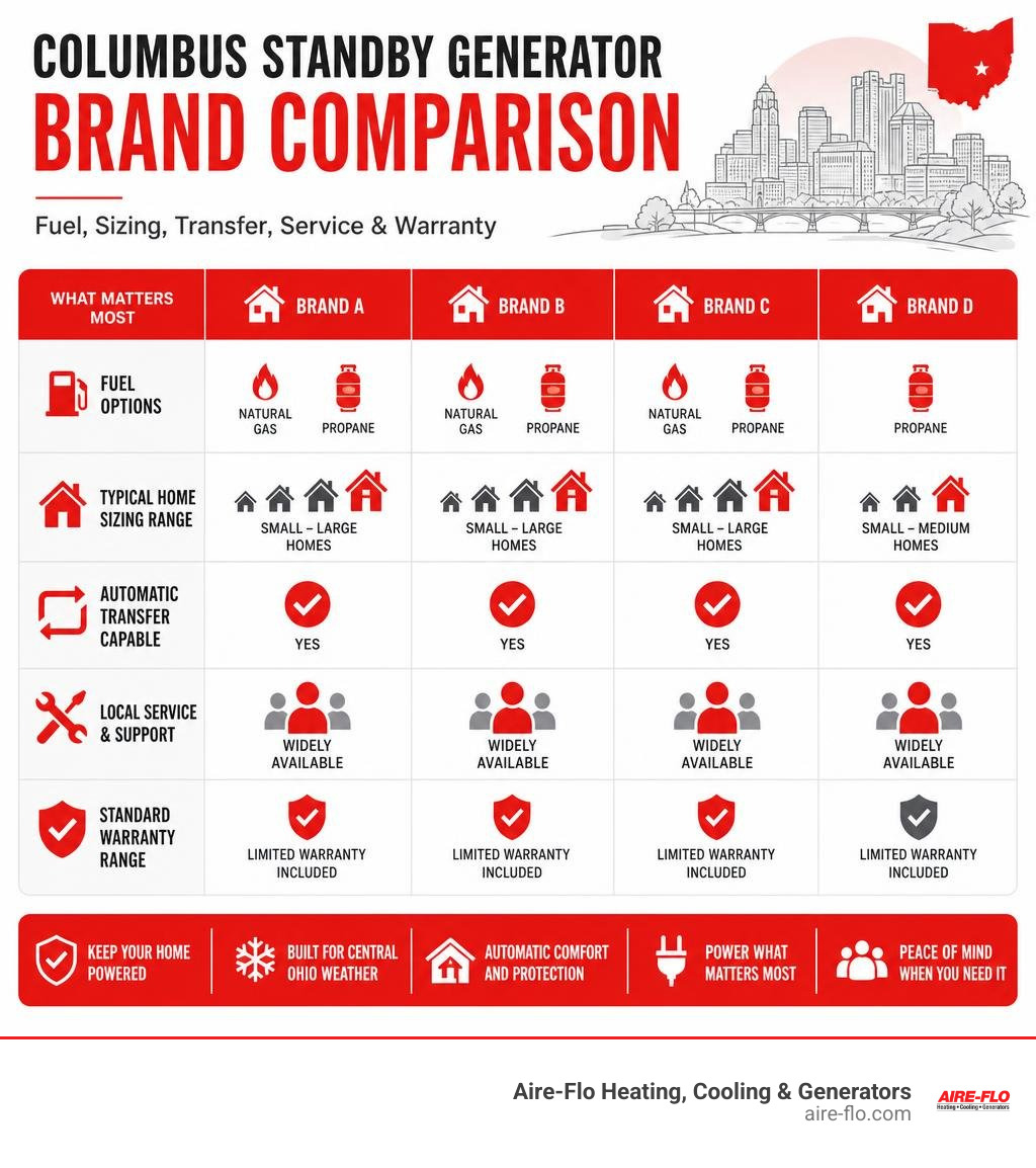 Columbus standby generator brand comparison: fuel, sizing, transfer, service, and warranty infographic