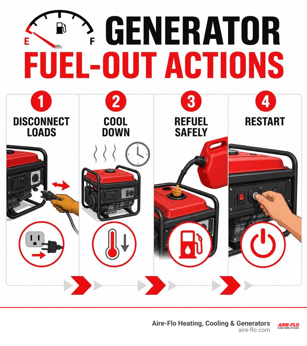 Generator fuel-out actions: disconnect loads, cool down, refuel safely, restart infographic Generator fuel-out actions: disconnect loads, cool down, refuel safely, restart infographic