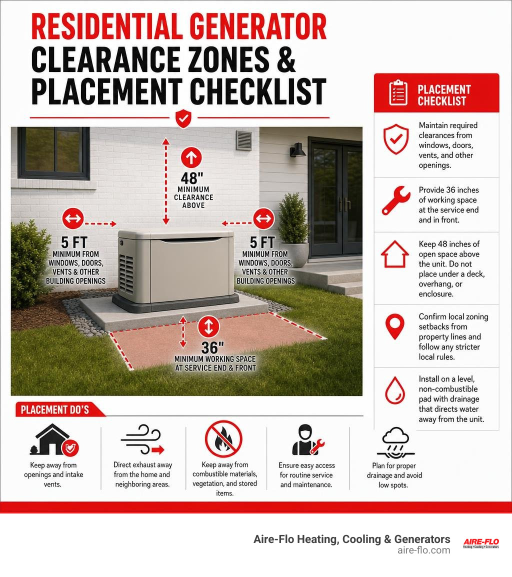 Residential generator clearance zones and placement checklist infographic Residential generator clearance zones and placement checklist infographic
