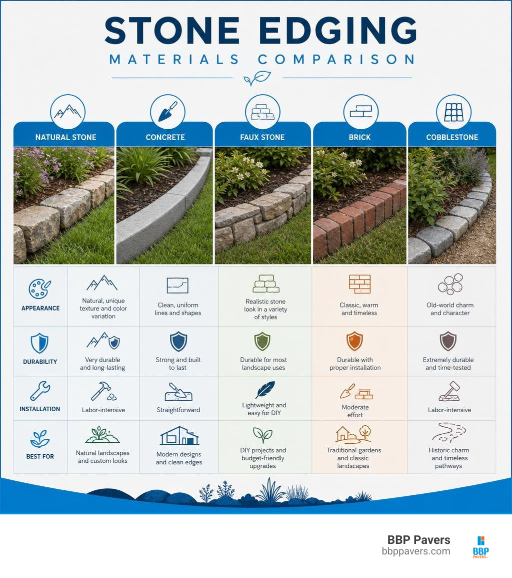 Stone edging materials comparison: natural stone, concrete, faux stone, brick, and cobblestone infographic Stone edging materials comparison: natural stone, concrete, faux stone, brick, and cobblestone infographic