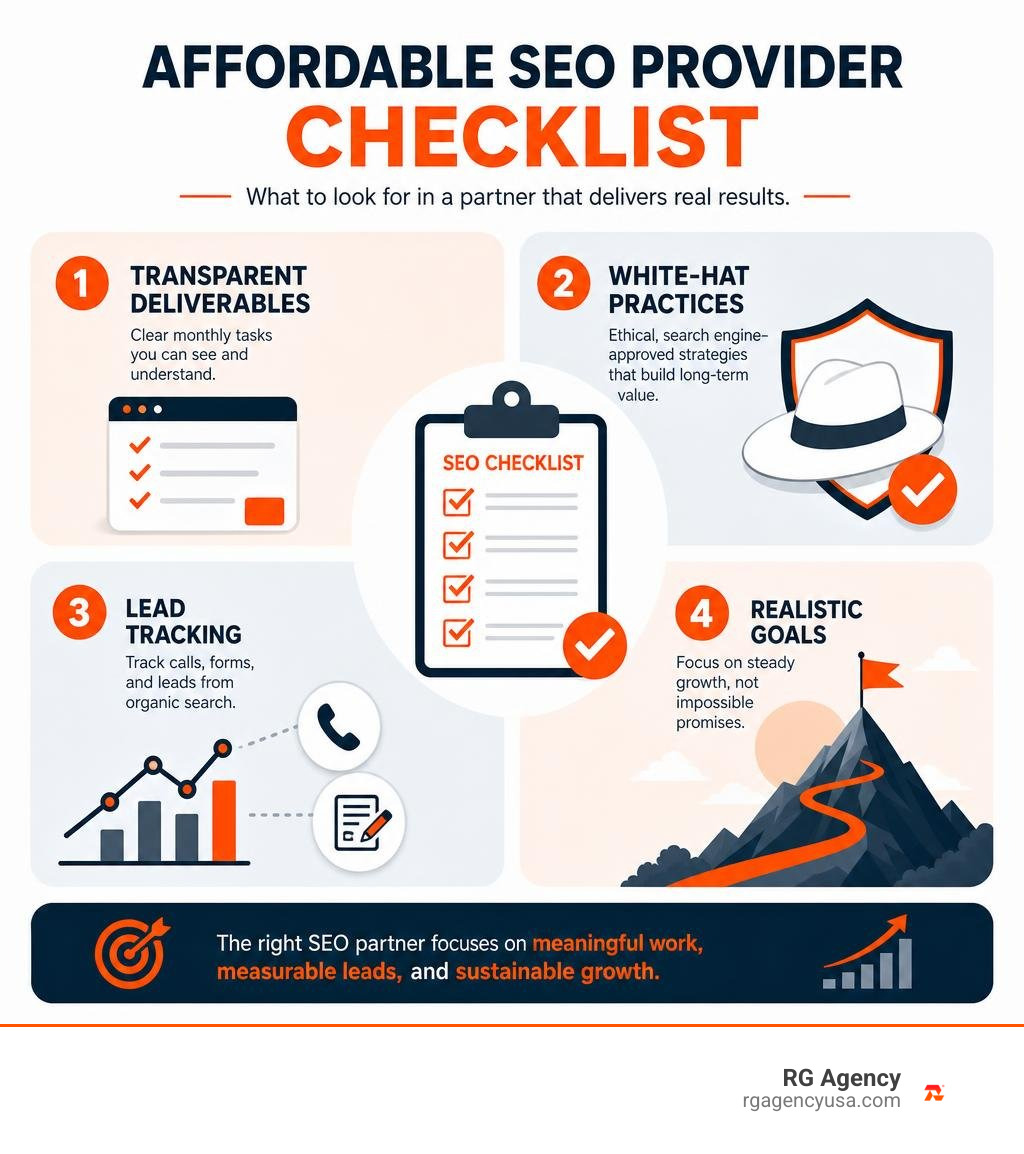 Affordable SEO provider checklist: transparent deliverables, white-hat work, lead tracking, realistic goals infographic Affordable SEO provider checklist: transparent deliverables, white-hat work, lead tracking, realistic goals infographic