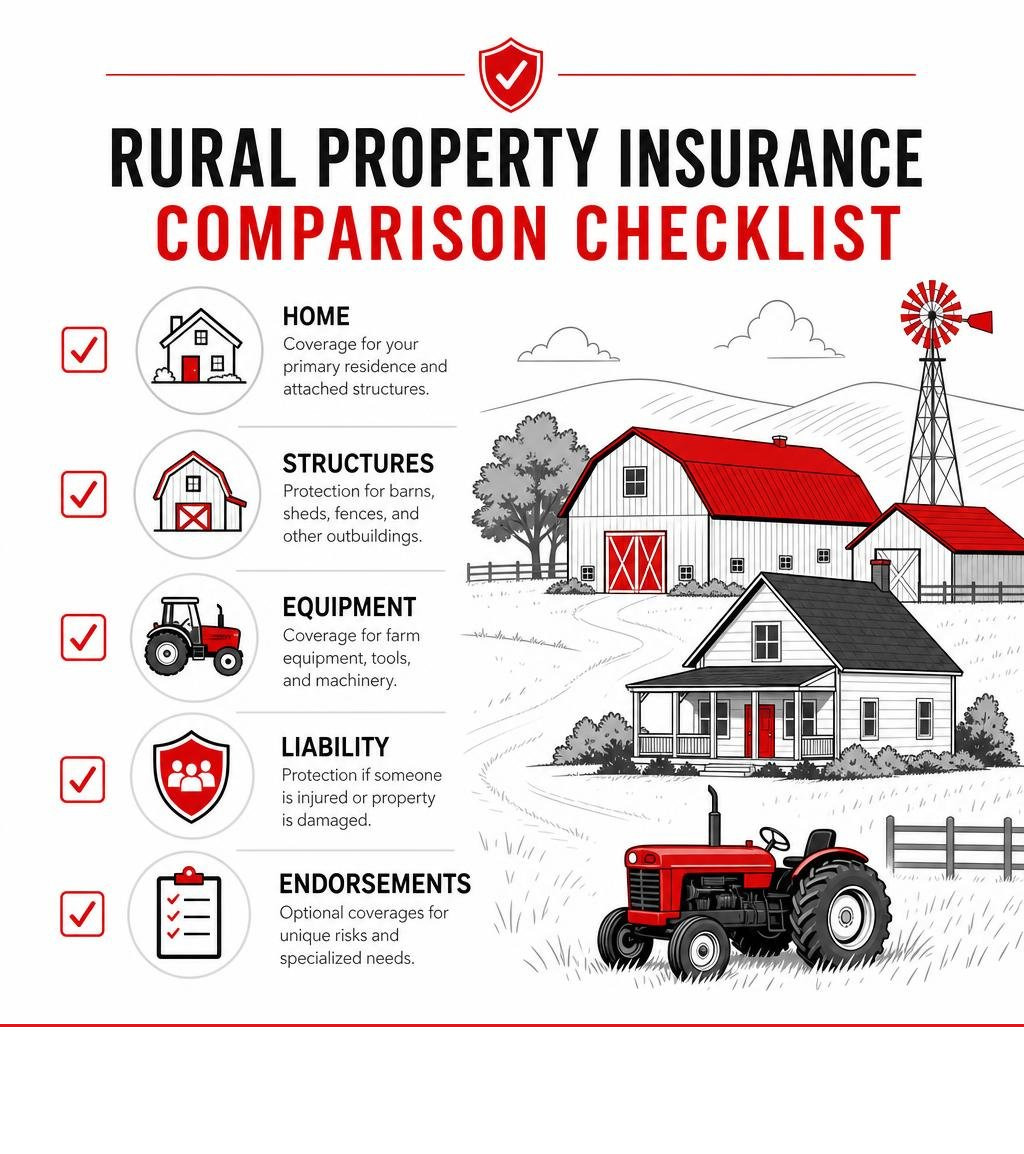 Rural property insurance comparison checklist: home, structures, equipment, liability, endorsements infographic Rural property insurance comparison checklist: home, structures, equipment, liability, endorsements infographic