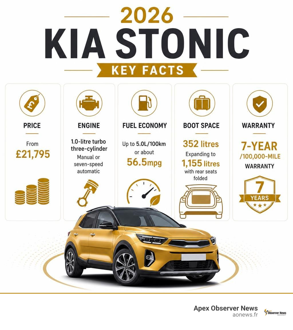 2026 Kia Stonic key facts: price, engine, fuel economy, boot space and warranty infographic