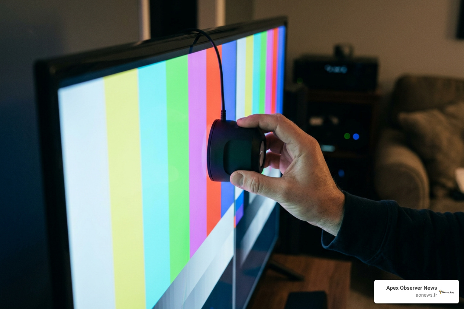 Professional calibration sensor measuring color accuracy on a TV display