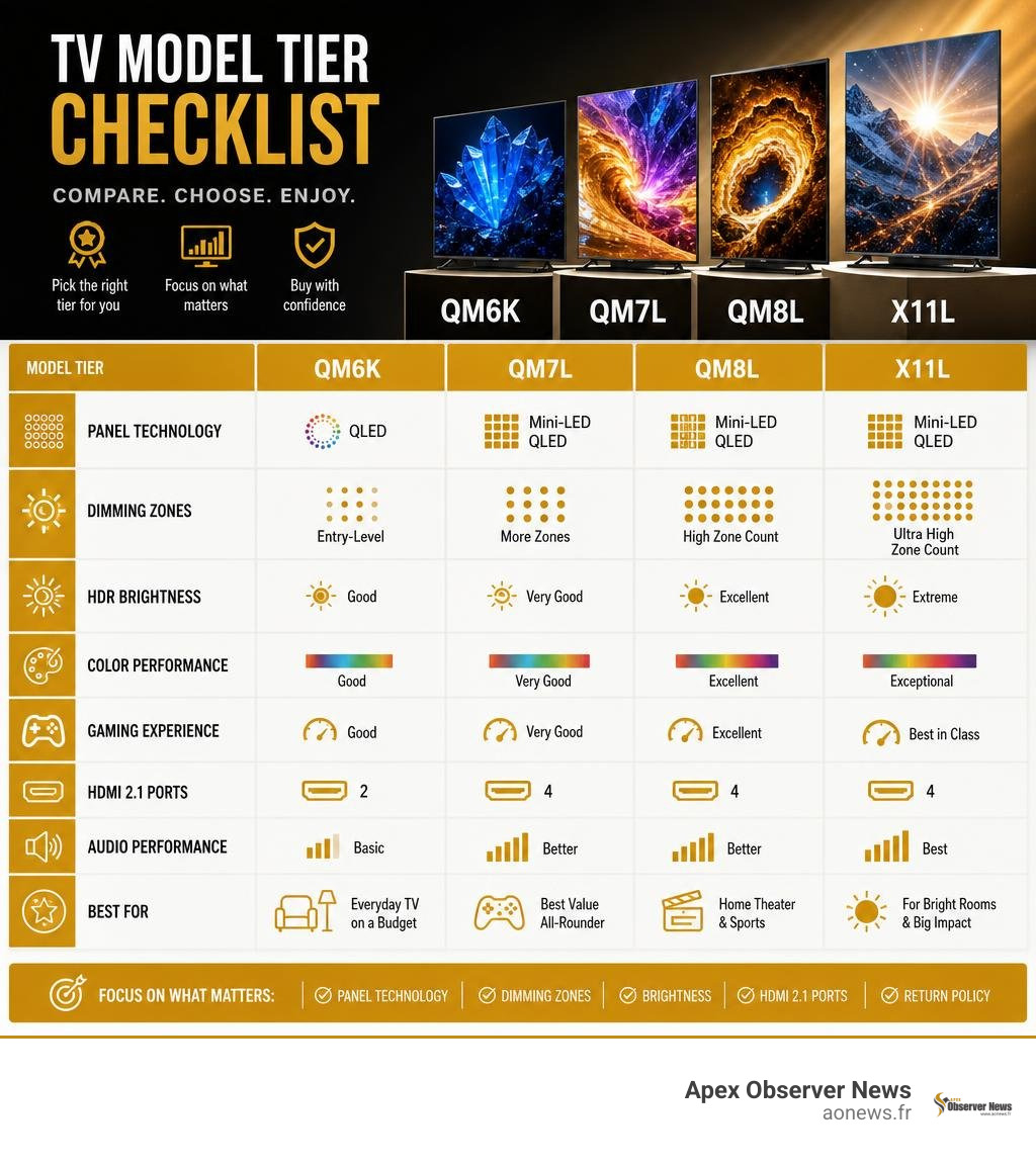 TCL TV model tier checklist comparing QM6K QM7L QM8L and X11L infographic