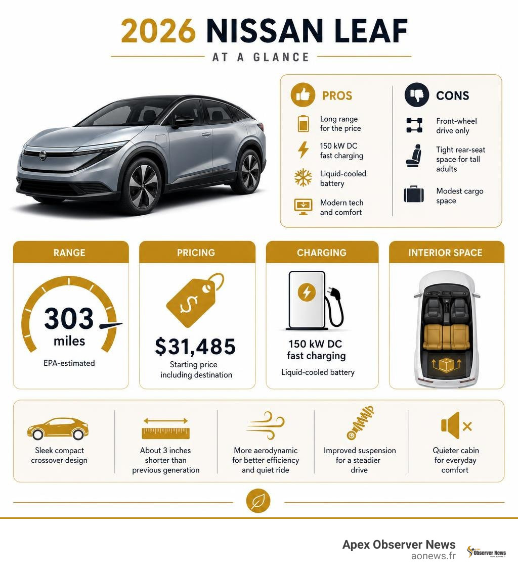 2026 Nissan Leaf pros cons range pricing charging and interior space infographic