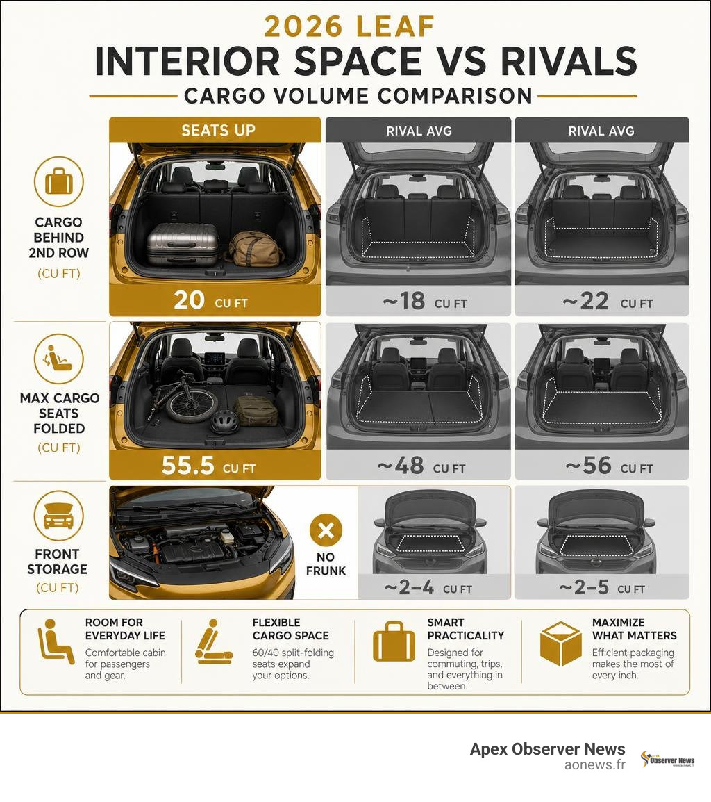 2026 Nissan Leaf interior space vs rivals cargo volume comparison infographic