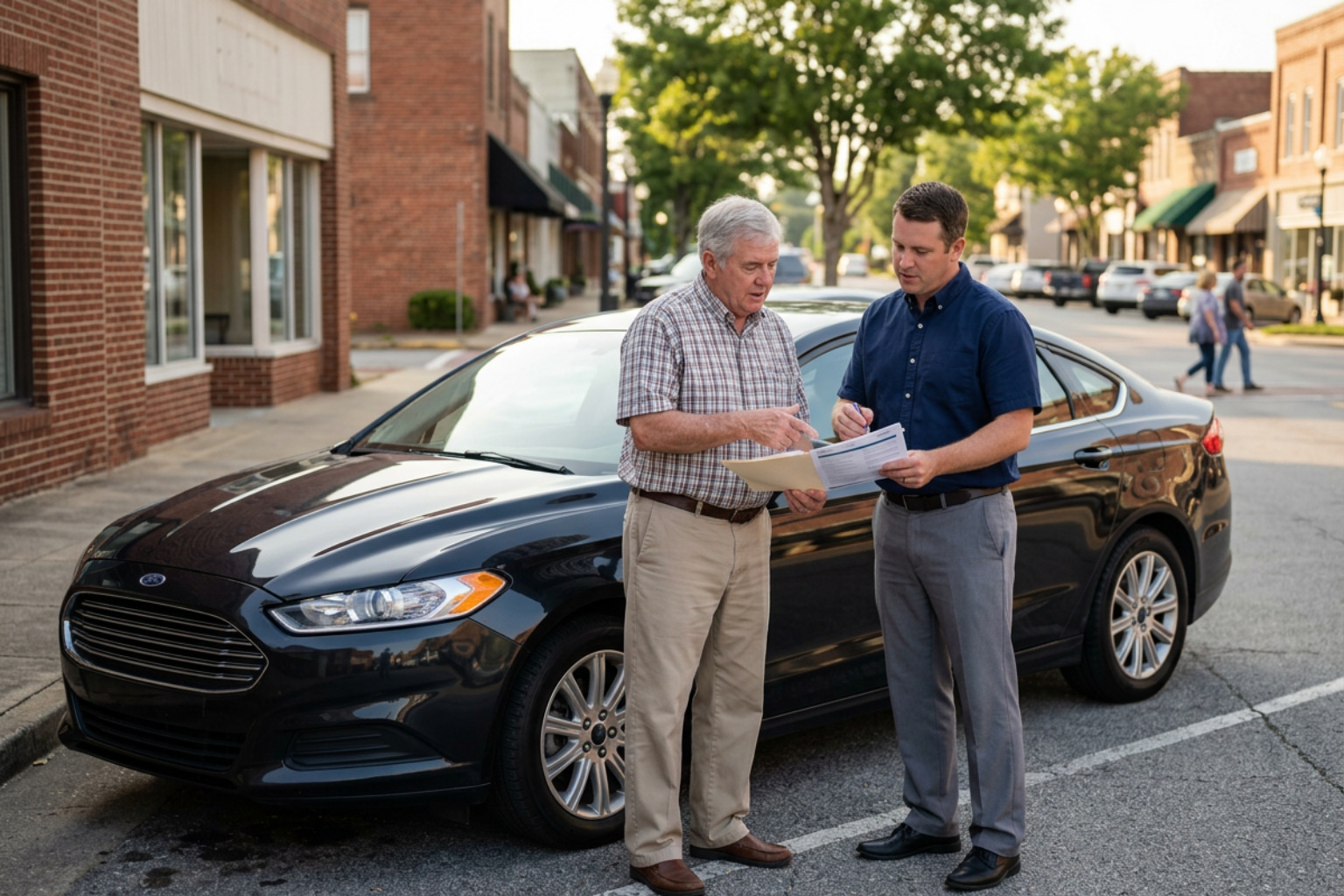 Albertville driver reviewing auto insurance coverage with a local agent beside a car Albertville driver reviewing auto insurance coverage with a local agent beside a car