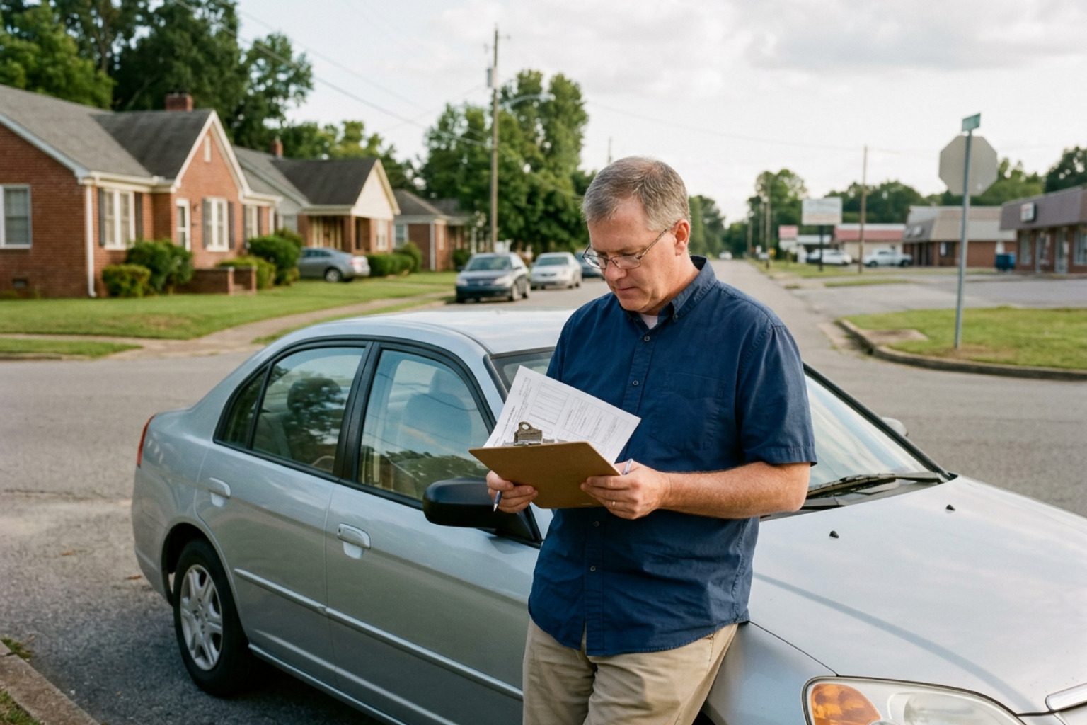 Albertville Alabama driver reviewing auto insurance paperwork near a car in a realistic local setting Albertville Alabama driver reviewing auto insurance paperwork near a car in a realistic local setting