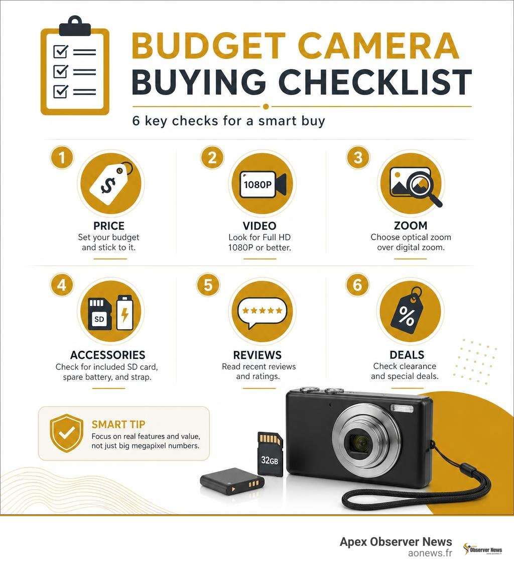Budget camera buying checklist: price, video, zoom, accessories, reviews, and deals infographic