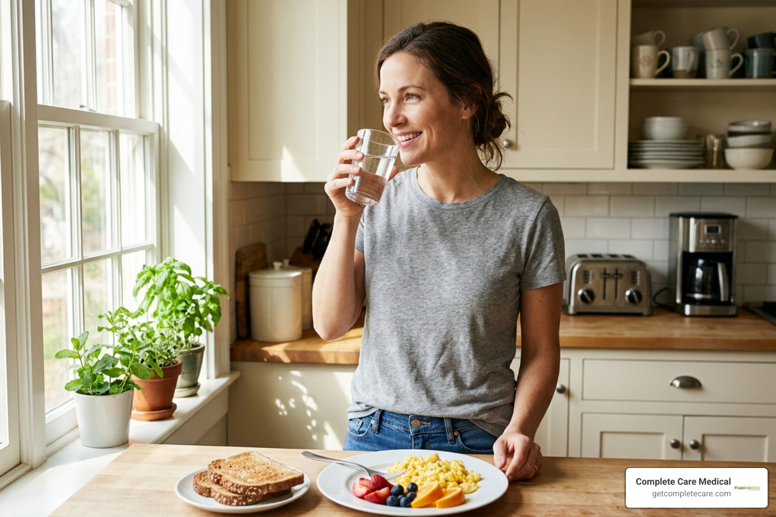 Balanced morning routine with hydration and whole foods