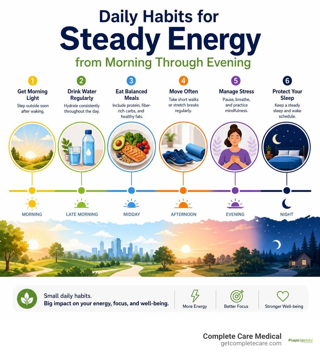 Infographic: daily habits for steady energy from morning through evening infographic