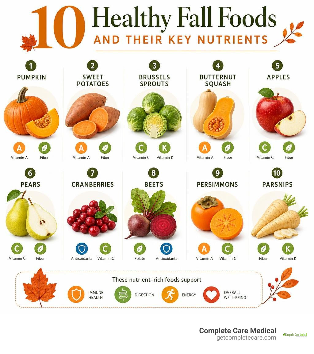 10 healthy fall foods and their key nutrients infographic