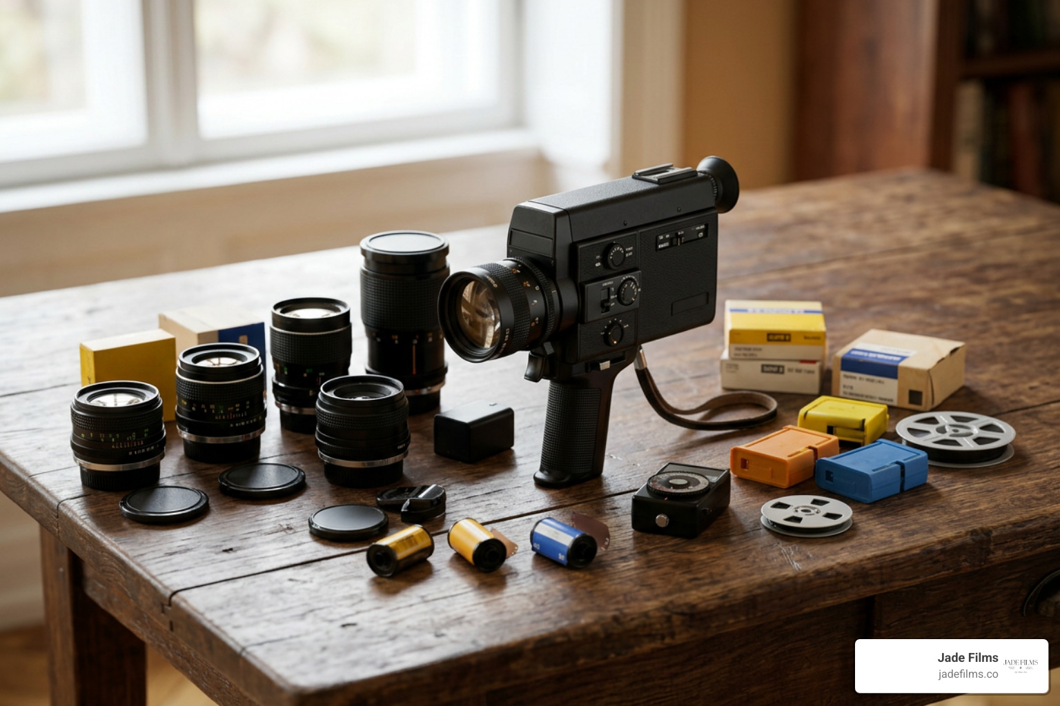 professional vintage Super 8 camera gear lenses and film cartridges on display professional vintage Super 8 camera gear lenses and film cartridges on display