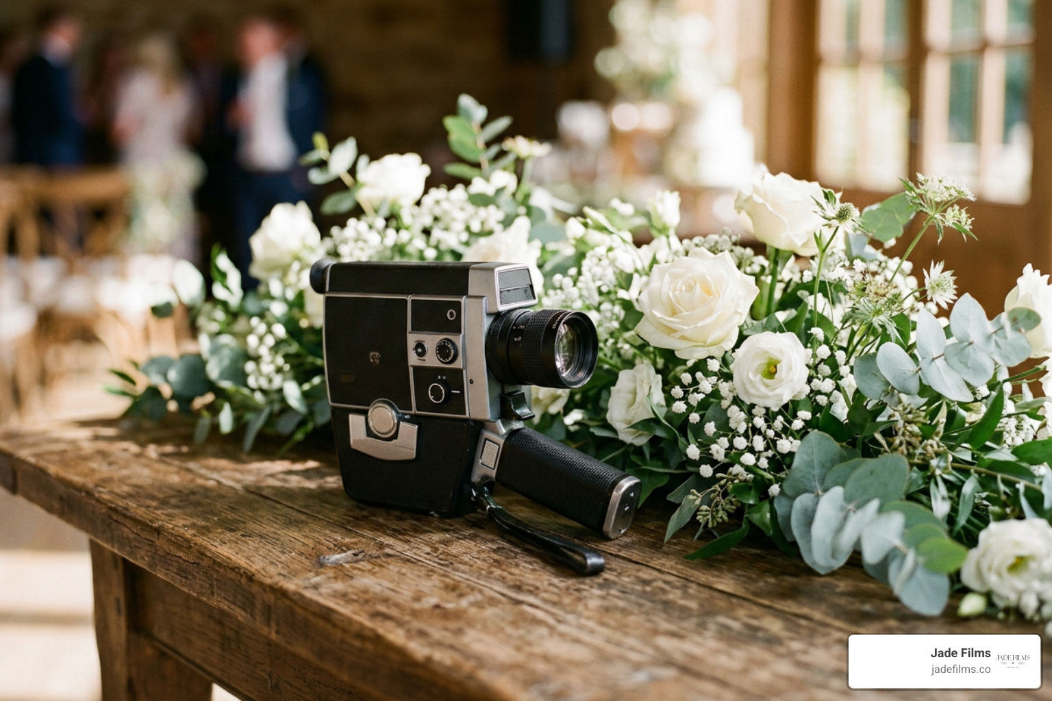 vintage Super 8 camera resting on a wooden table beside wedding florals vintage Super 8 camera resting on a wooden table beside wedding florals