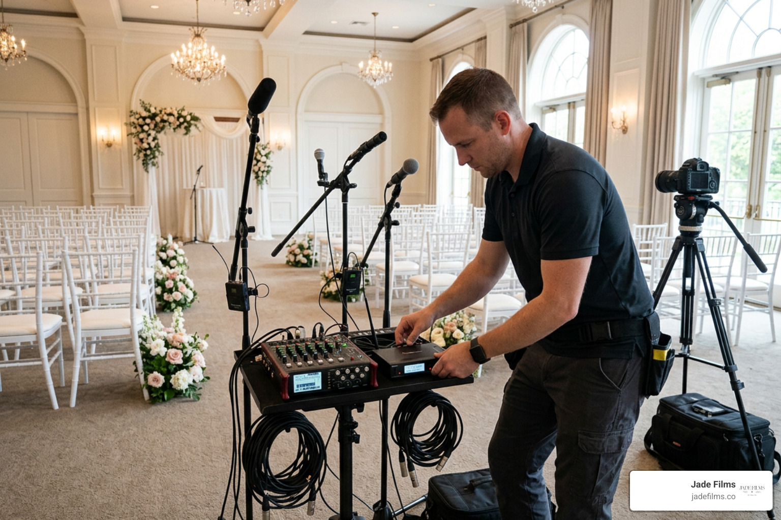 Wedding videographer setting up professional multi-point audio gear at a Dallas ceremony venue Wedding videographer setting up professional multi-point audio gear at a Dallas ceremony venue