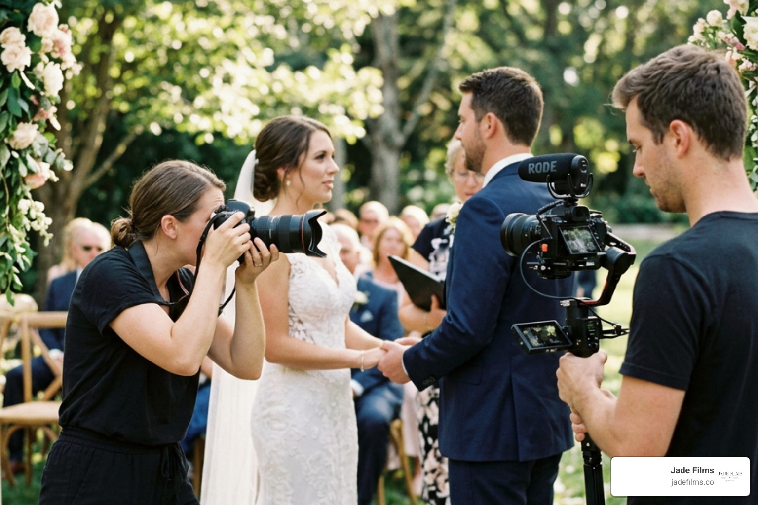 Wedding photographer capturing portraits while videographer records vows Wedding photographer capturing portraits while videographer records vows
