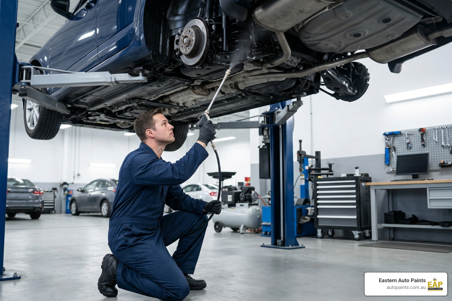 technician applying protective underbody spray